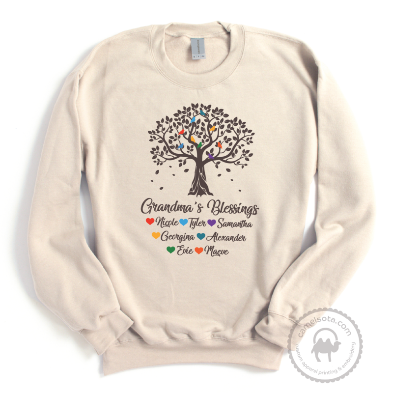 Grandma Tree Blessings Crewneck &amp; Hooded Sweatshirt with Grandkids Names