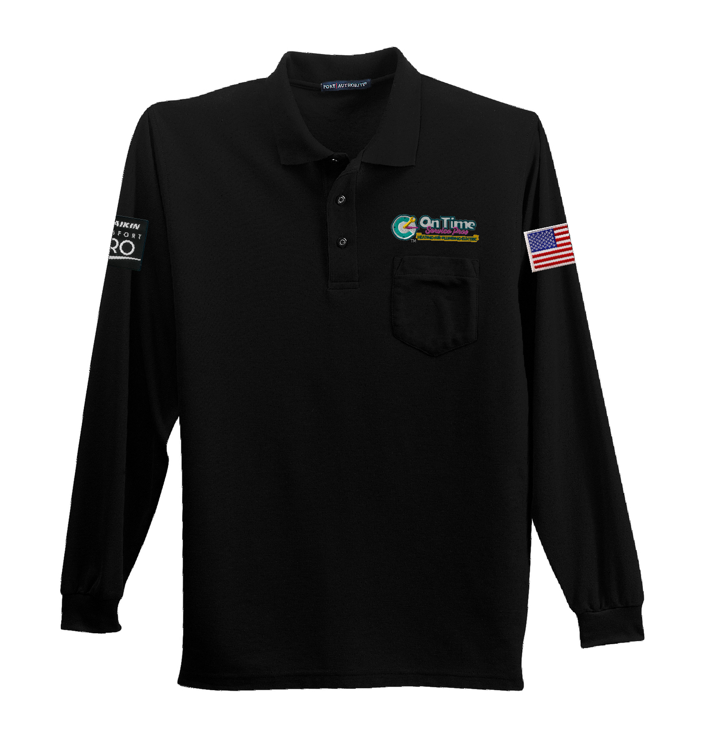 On Time Service Pros Port Authority Silk Touch Polo with Pocket - Long Sleeve Black