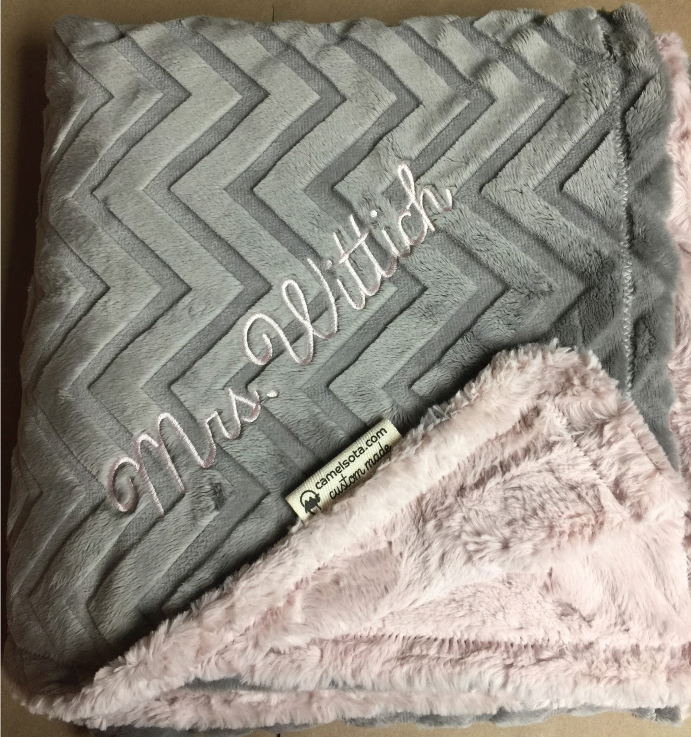 Luxe Rosewater Pink Hide and Embossed Chevron Silver Custom Luxury Minky Blanket