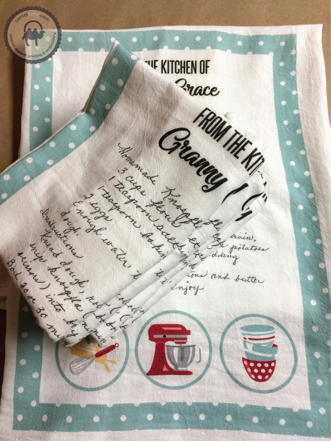 Set of Handwritten Recipe Printed on Flour Sack Kitchen Towel