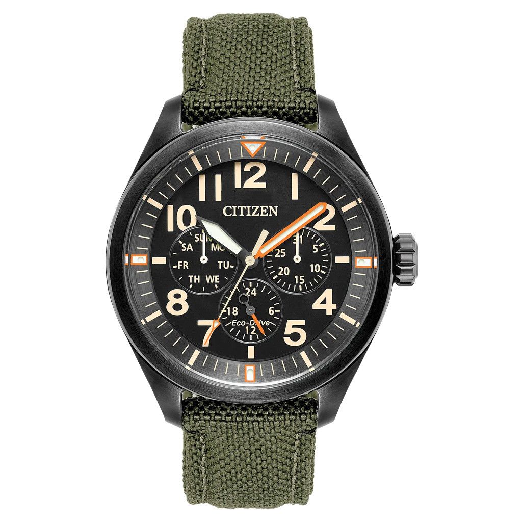 Citizen Eco-Drive Garrison Watch with Black Dial and Green Cordura Strap #BU2055-16E