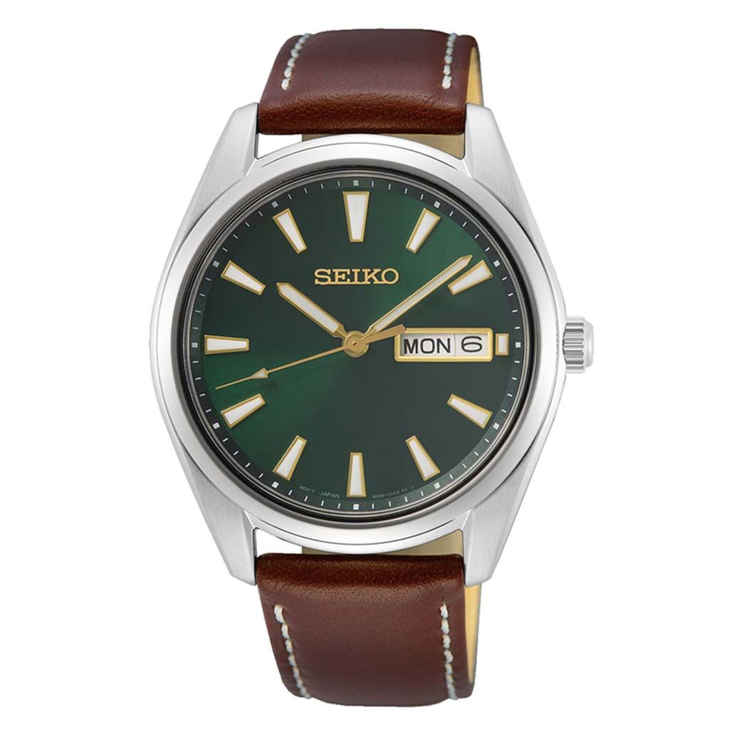 Seiko 40mm Day-Date Quartz Watch with Vibrant Green Dial