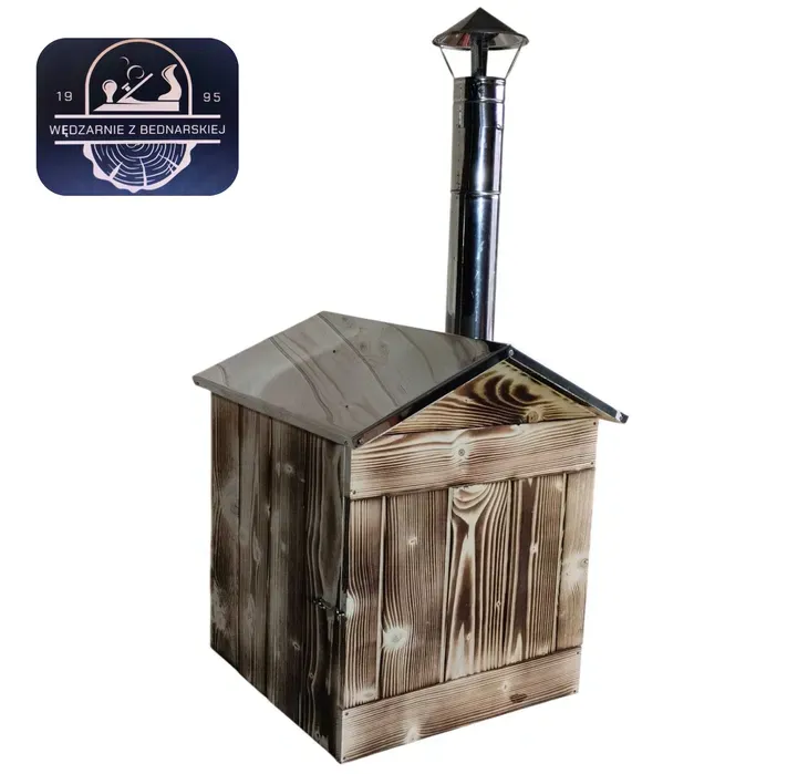 Wędzarnia drewniana ogrodowa dach i komin NIERDZEWNY OPALANA 50X50X50