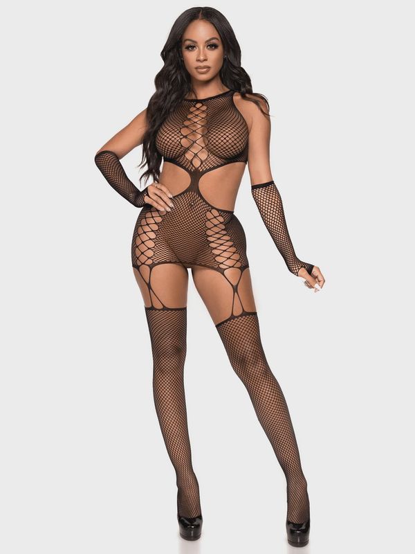 2 PC Net cut-out faux lace up garter dress