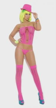 3 Piece Pot Hole Bandeau Top Set - One Size - Neon Pink