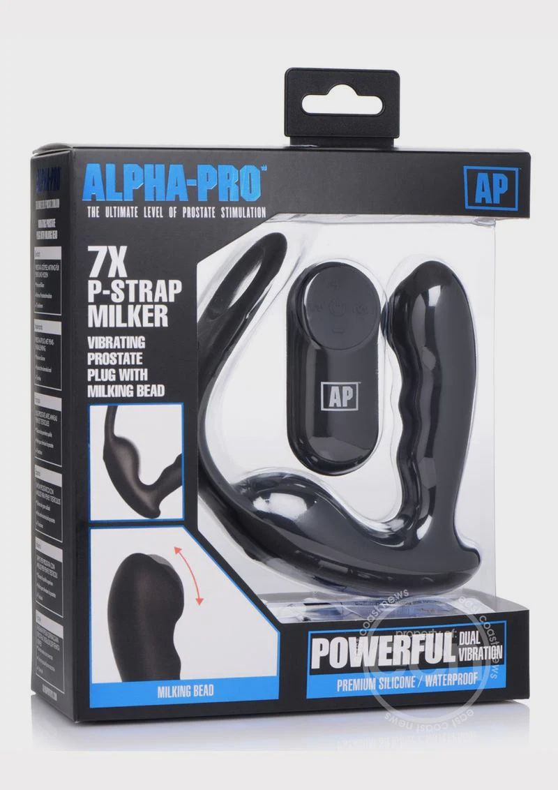 Alpha Pro 7X P-Strap Milker Silicone Rechargeable Vibrating Prostate Plug With Milking Bead, Cock &amp; Ball Ring - Black