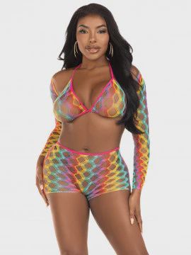 3 Pc Net Bra Top With Shrug and Boy Shorts - One Size - Multicolor