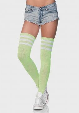 3 Stripes Athletic Ribbed Thigh Highs - One Size - Neon Green