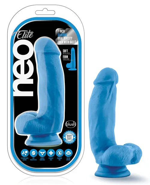Blush Neo Elite 7" Silicone Dual Density Cock w/Balls - Neon Blue