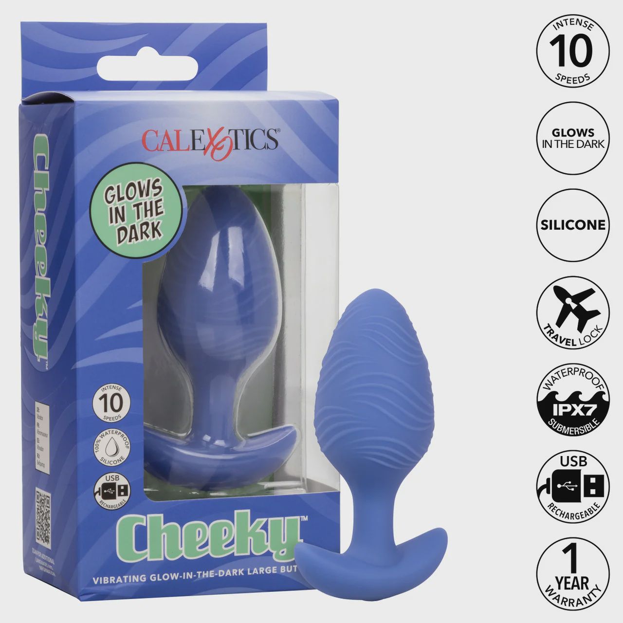 Cheeky Rechargeable Silicone Glow in The Dark Butt Plug - Large - Blue