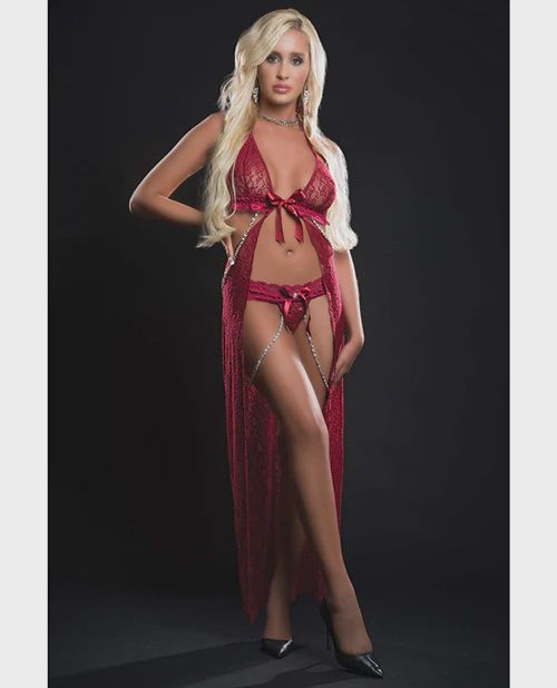 Cut Out Open Front Flyaway Night Gown w/Pearl Chains &amp; Panty Red Berry O/S