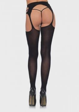Diamond Net Opaque Stockings With Attached Garter - Black - One Size