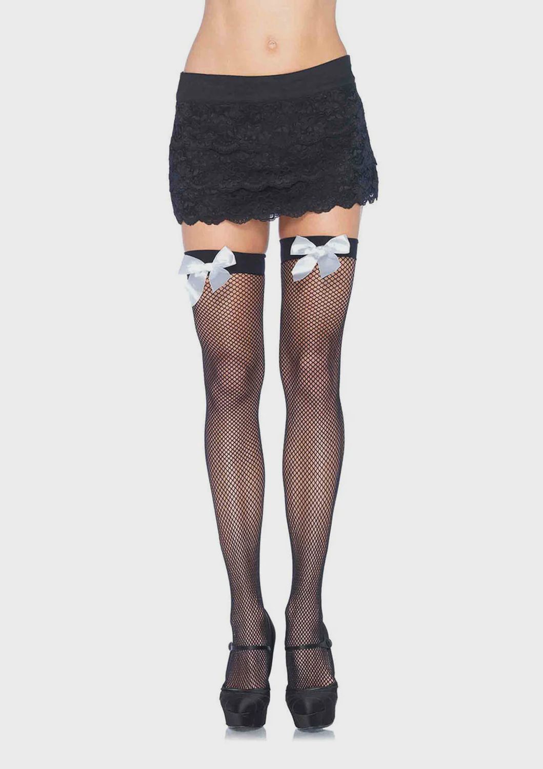 Fishnet Stocking W/Bow O/S BLACK/WHITE