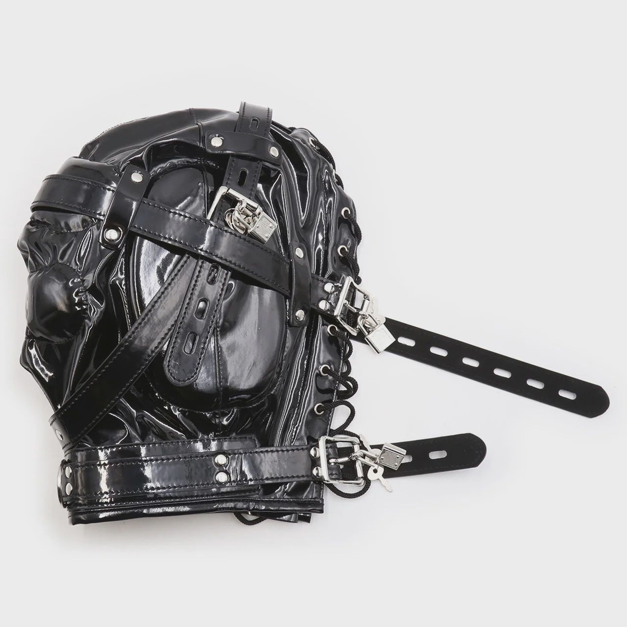 Hood Mask - Shiny Pleather Lace-Up Locking Hood Deprivation Mask with 1 Nose Hole