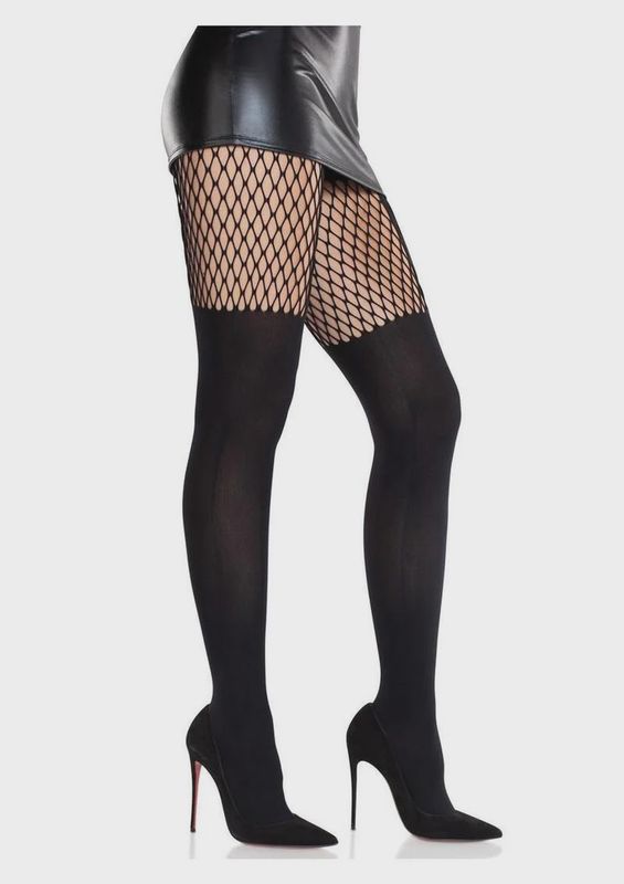 Leg Avenue Seamless Opaque Garter Illusion Tights with Net Thigh Detail - Black - O/S