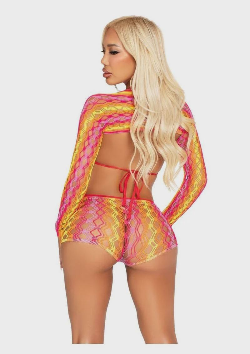 Leg Avenue Zig Zag Net Bikini Top, Boyshorts, and Shrug - Multicolor - O/S