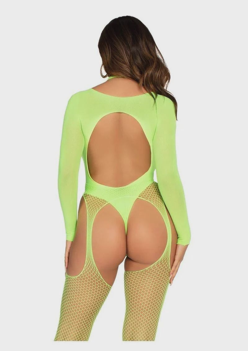 Leg Avenue Fishnet Halter Suspender Bodystocking and Layered Opaque Cut-Out Teddy (2 Piece) - Green - O/S