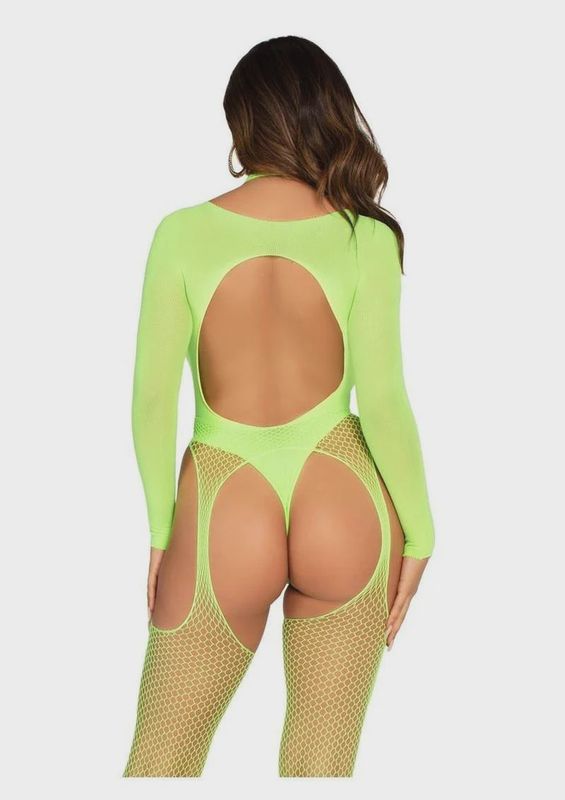 Leg Avenue Fishnet Halter Suspender Bodystocking and Layered Opaque Cut-Out Teddy (2 Piece) - Green - O/S