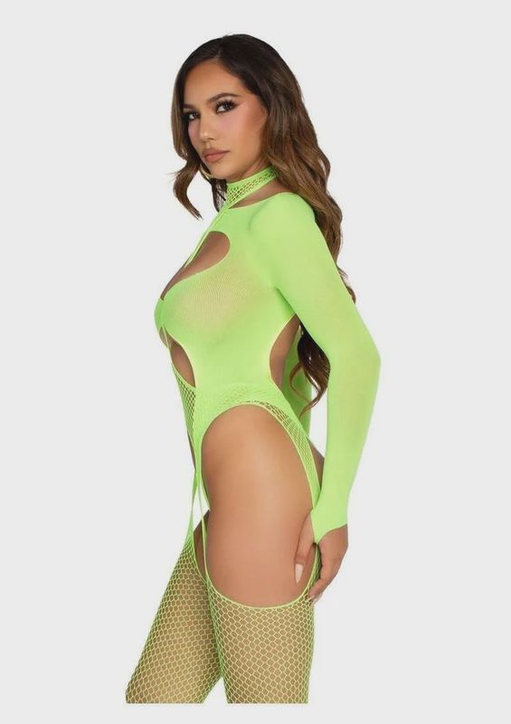 Leg Avenue Fishnet Halter Suspender Bodystocking and Layered Opaque Cut-Out Teddy (2 Piece) - Green - O/S