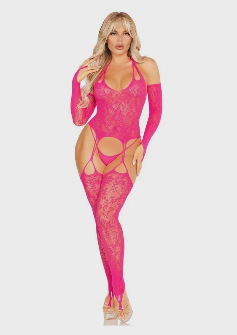 Leg Avenue Lace Halter Footless Cami Garter with Attached Toe Loop Stockings and Arm Warmers - Pink - O/S
