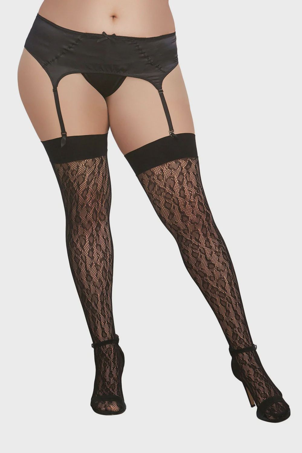 Leopard Fishnet Thigh Hi - Queen Size - Black