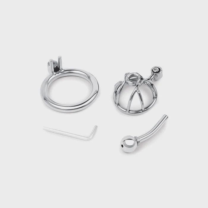 Lockmaster Stainless Steel Inverted Micro Chastity Cage w/Urethral Straw - Silver