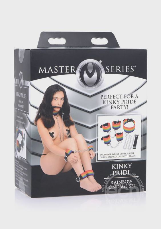 Kinky Pride Rainbow Bondage Set - Wrist/Ankle Cuffs &amp; Collar With Leash