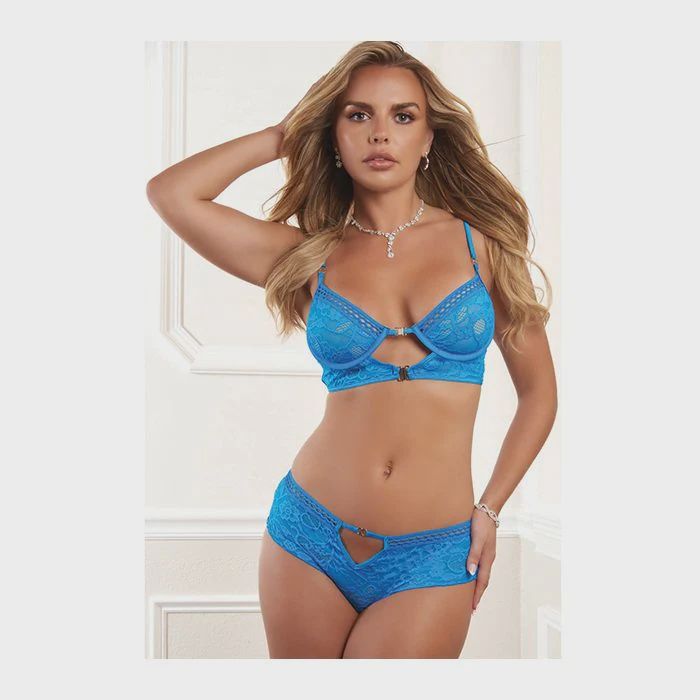 Laced Open Front Bustier &amp; Boyshort Panty 2 pc Set - Blue O/S