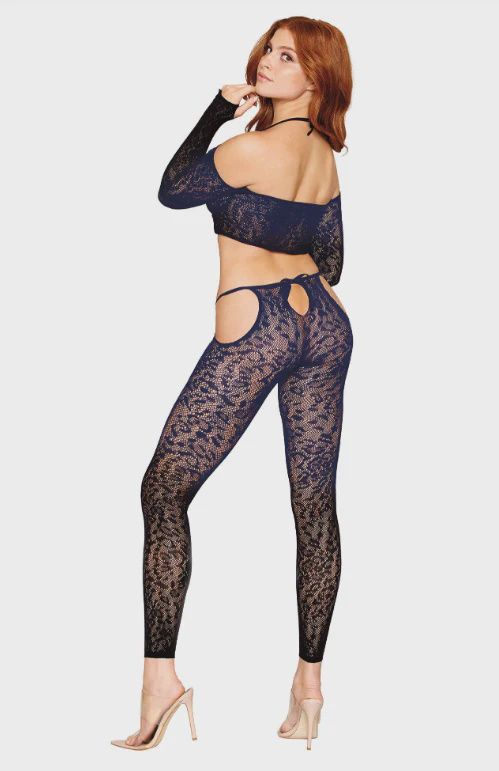 Long Sleeve Bralette &amp; Full Leg Pantyhose -Denim/Blk O/S