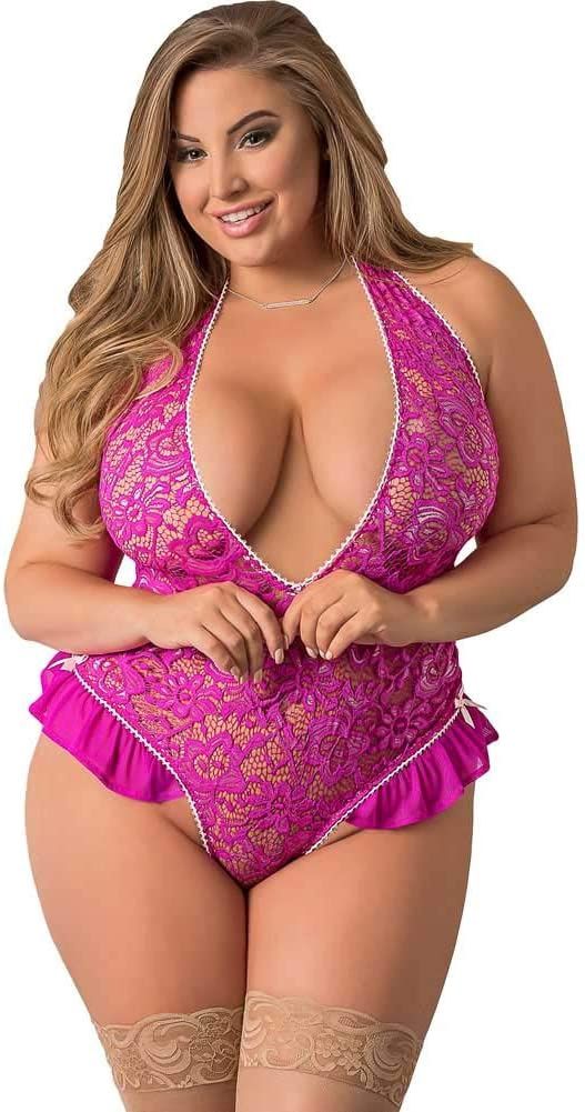 Magic Silk Lingerie Plus Size Lacy Pink Keyhole Teddy