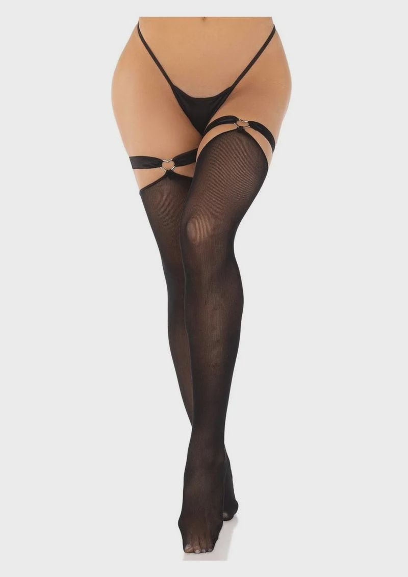 Nylon Opaque Thigh Highs with Heart Garter Top - O/S - Black