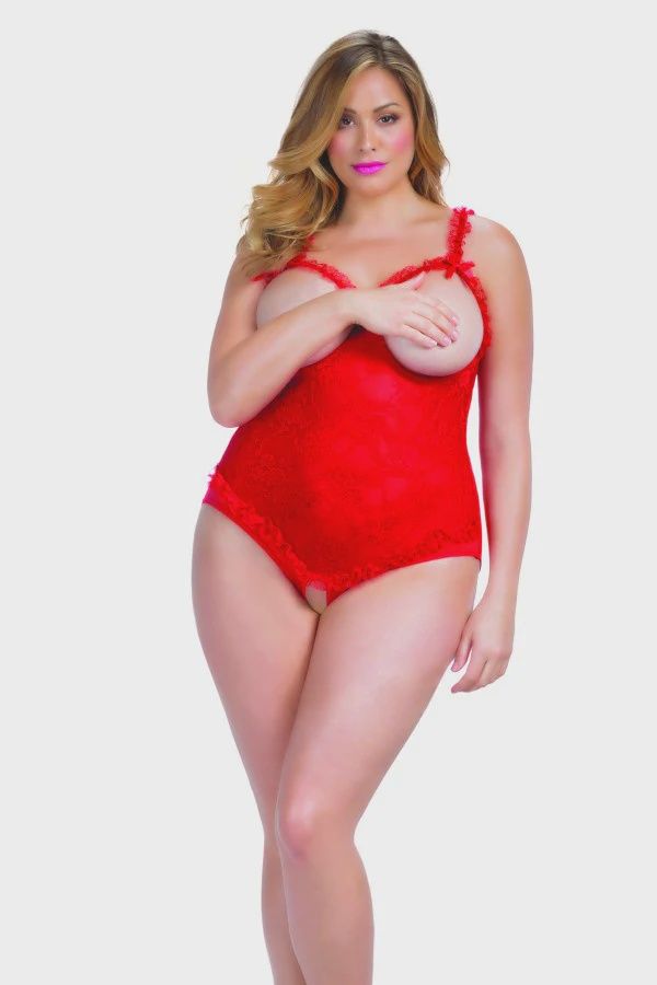 Open Cup Crotchless Teddy - Queen Size - Red