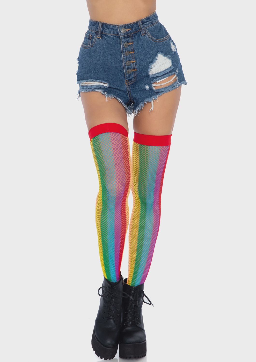 Rainbow fishnet thigh highs
