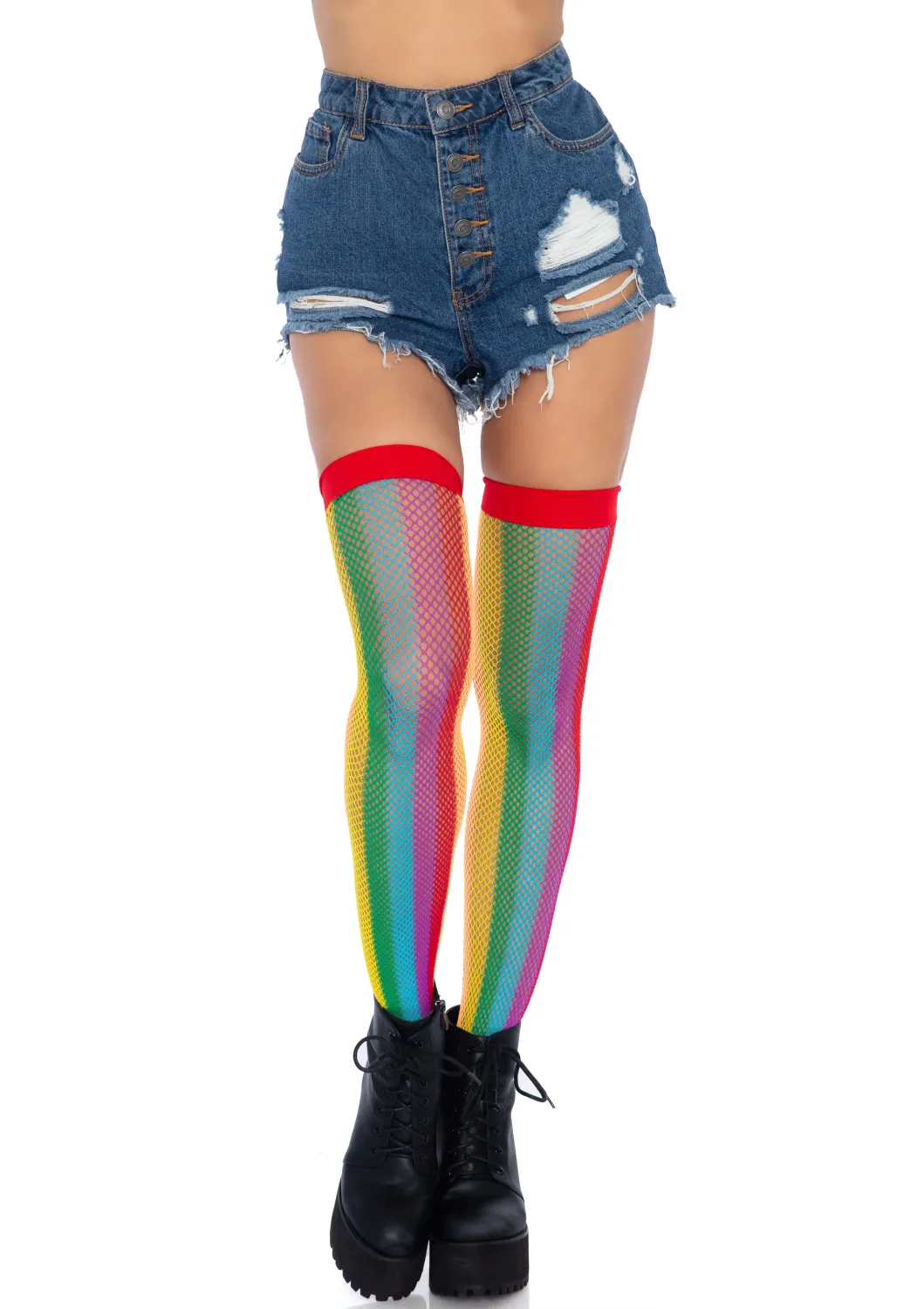 Rainbow fishnet thigh highs