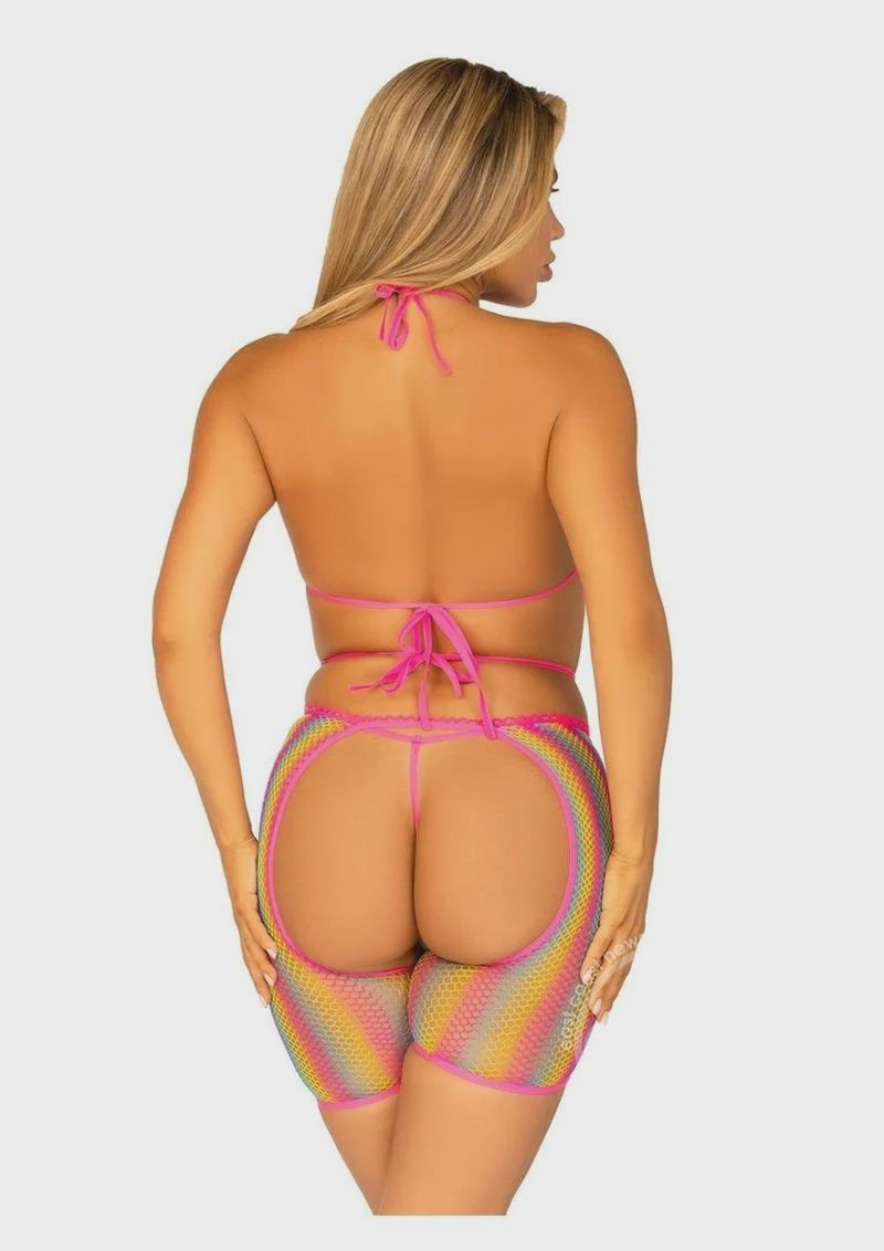 Rainbow Net Bikini Top with Lace-Up Detail, G-String Panty and Biker Chaps - O/S - Multicolor