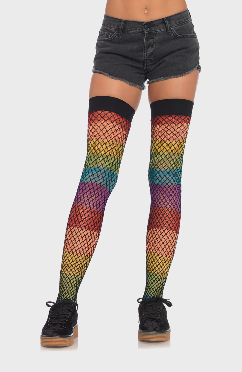Rainbow Thigh Highs With Fishnet Overlay - One Size