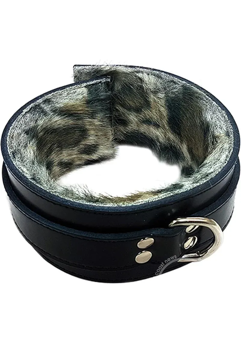 Rouge Leather Collar With Faux Fur Lining - Black And Leopard Print