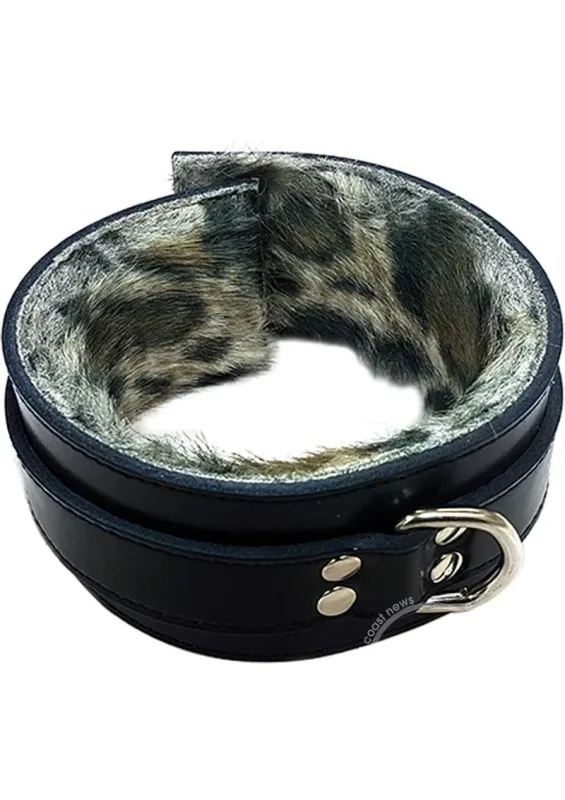 Rouge Leather Collar With Faux Fur Lining - Black And Leopard Print