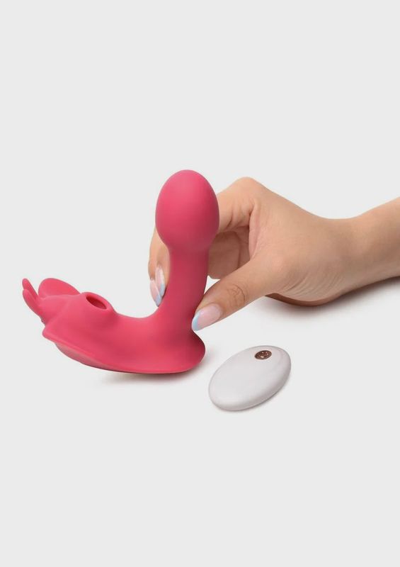 Shegasm Butterfy Tease Rechargeable Silicone 10X Clitoral Suction Stimulator with Remote Control - Pink