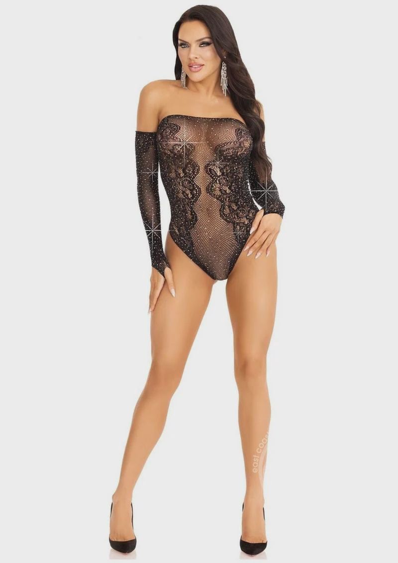 Rhinestone Net and Lace Off the Shoulder Teddy - O/S - Black