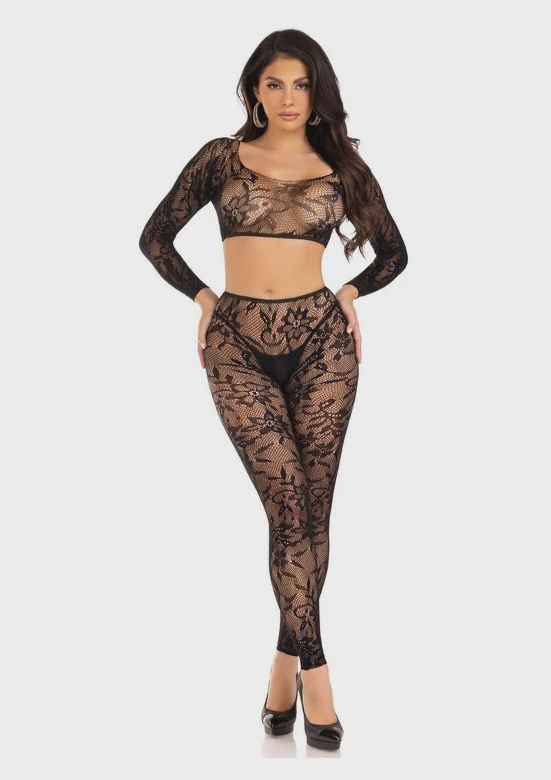 Seamless Chantilly Lace Crop Top and Footless Tights (2 Piece) - O/S - Black