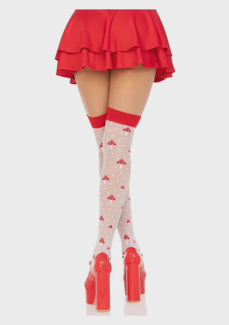 Spandex Sheer Polka Dot Mushroom Thigh Highs - O/S - White/Red