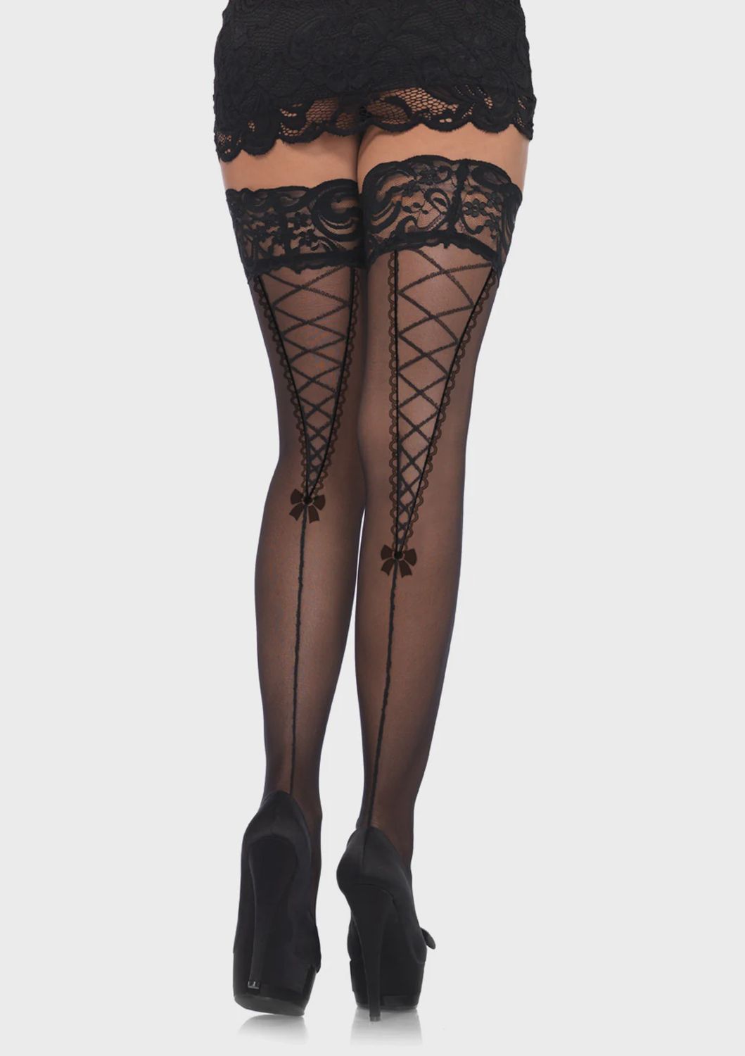 Stay up lace top sheer thigh highs with faux lace up backseam