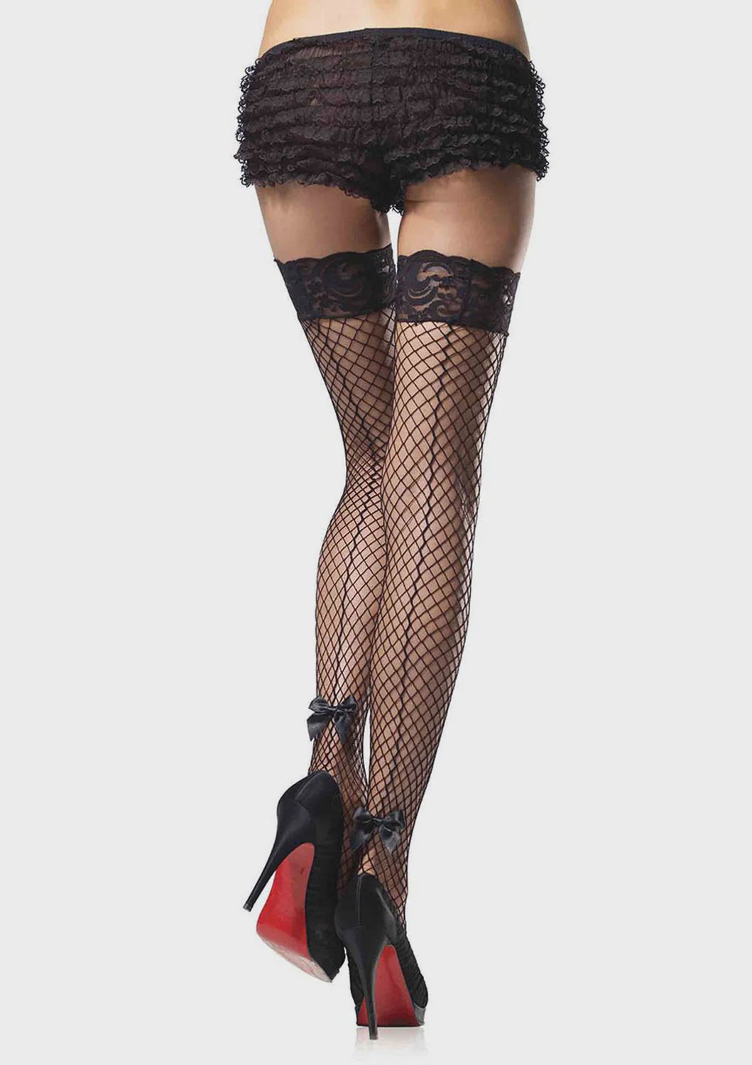 Stay up industrial net back seam thigh highs with lace top and bow O/S BLACK