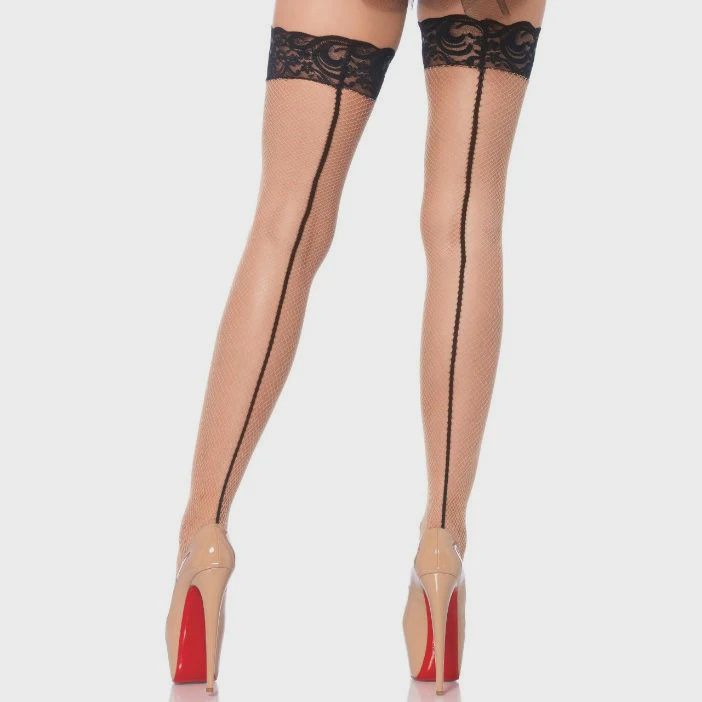 Stay Up Lace Top Fishnet Thigh Highs – Nude/black – One Size