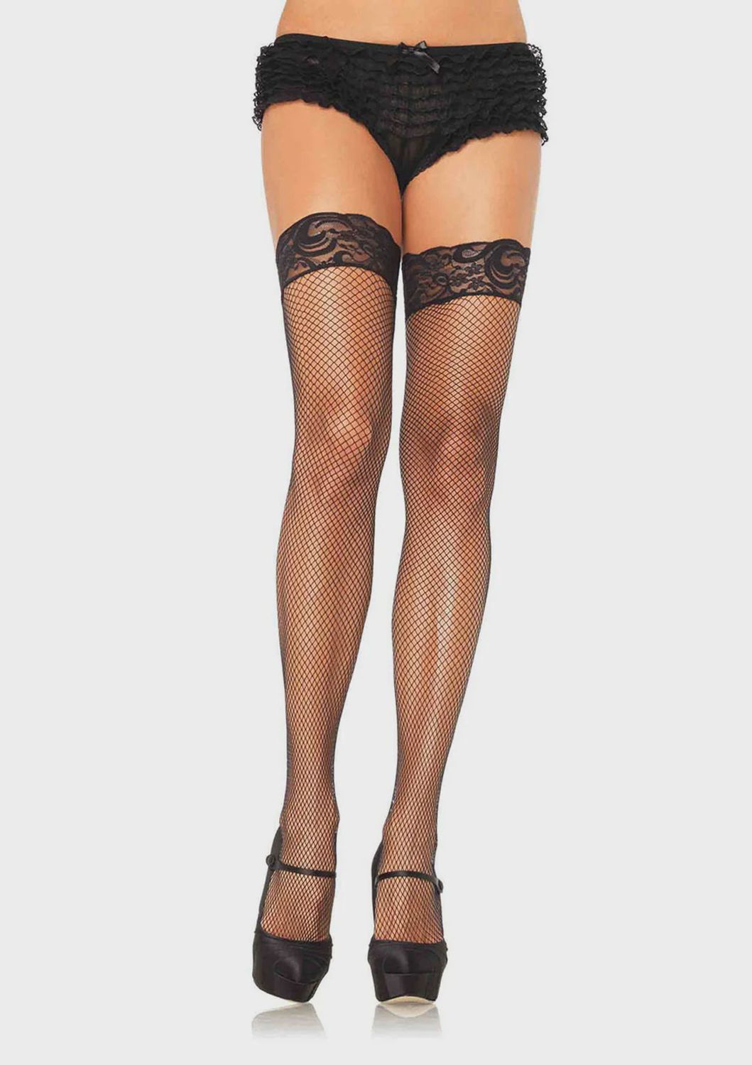 Stay Up Lycra Fishnet W/ Lace Top Thigh Hi Q/S Black