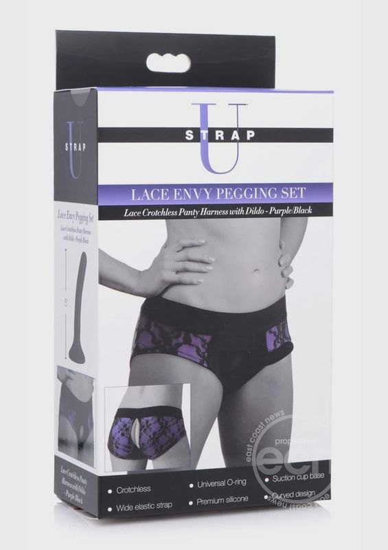 Strap U Lace Envy Pegging Set With Lace Crotchless Panty Harness And Dildo 5in - L/XL - Purple/Black