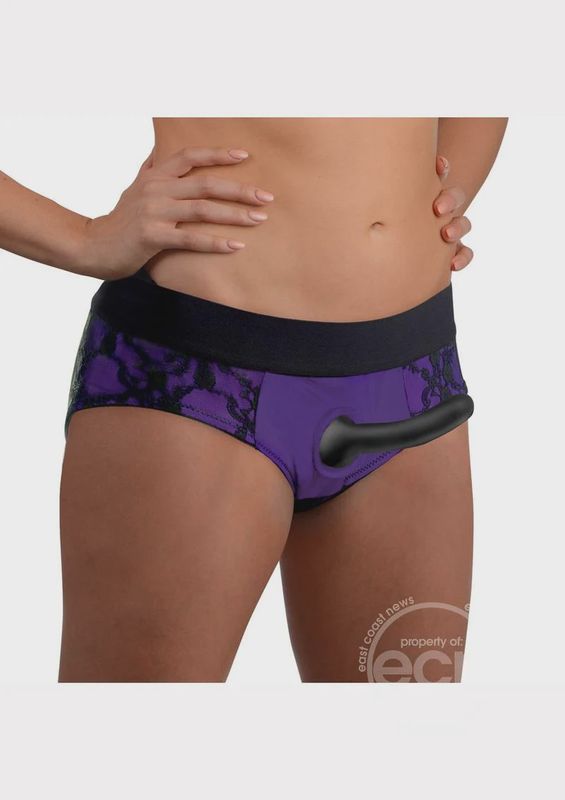Strap U Lace Envy Pegging Set With Lace Crotchless Panty Harness And Dildo 5in - L/XL - Purple/Black