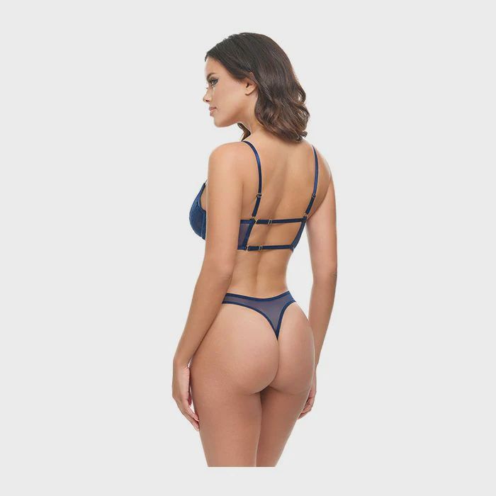 Roxie Mesh and Lace Underwire Bra w/Thong 2 pc Set - Navy