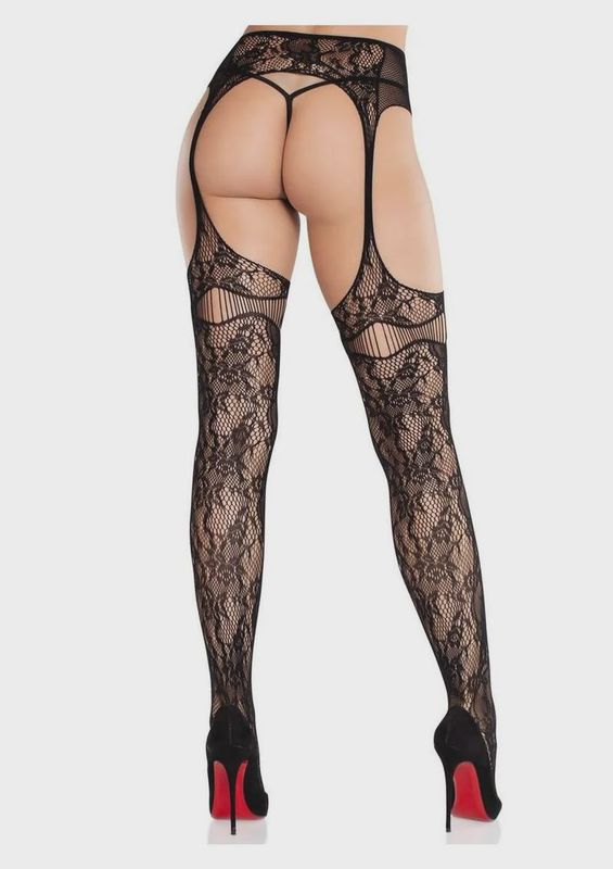 Leg Avenue Bloom Net Stockings with Cut-Out Thigh Detail and Attached Garter Belt - O/S